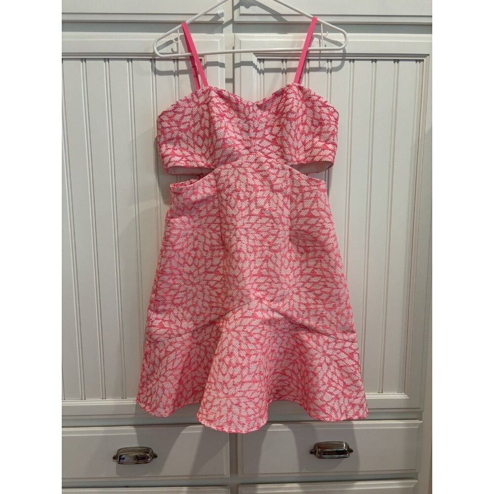 Anthropologie Hutch Pink White Fit Flare Party Dress Ruffle Sz 4 EUC